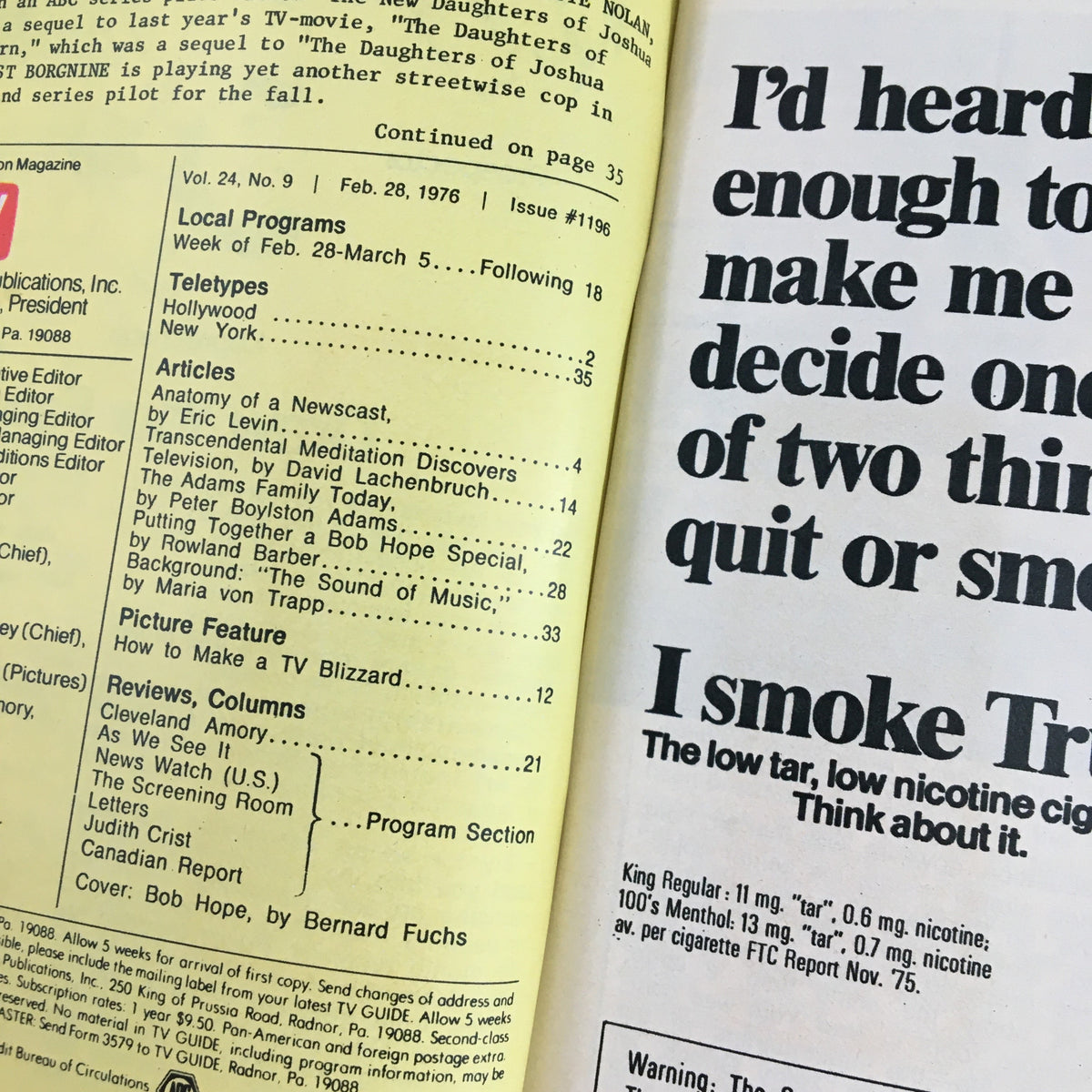 Inside page of TV Guide Magazine February 28 1976 displaying the magazine's table of contents and articles including Bob Hope.