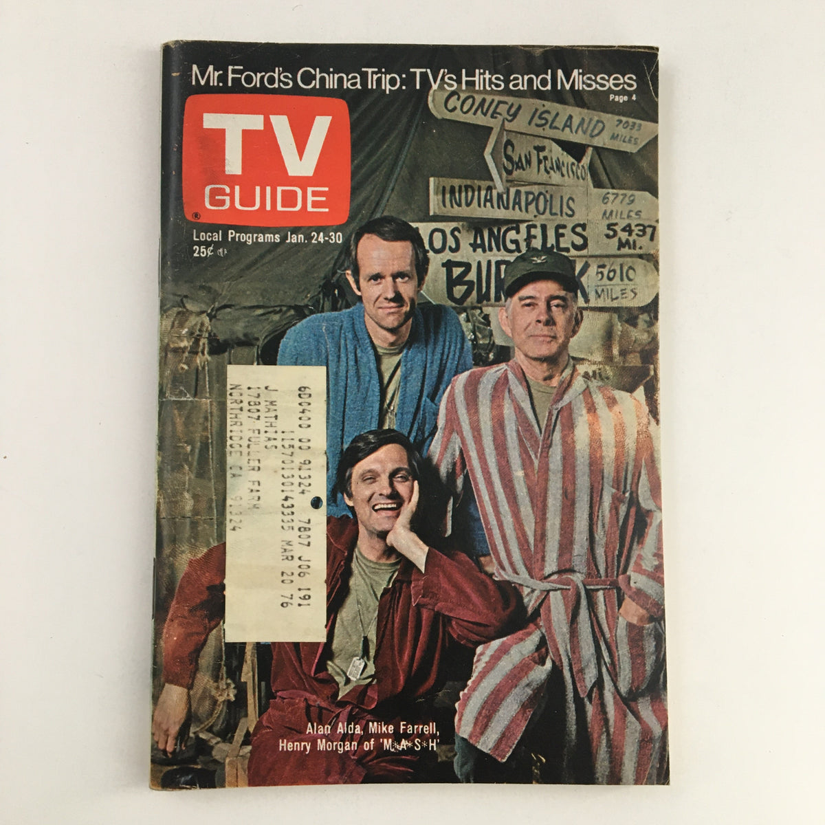 Cover of TV Guide Magazine January 24, 1976 featuring Alan Alda, Mike Farrell, and Harry Morgan from M*A*S*H, showcasing an iconic piece of television history.
