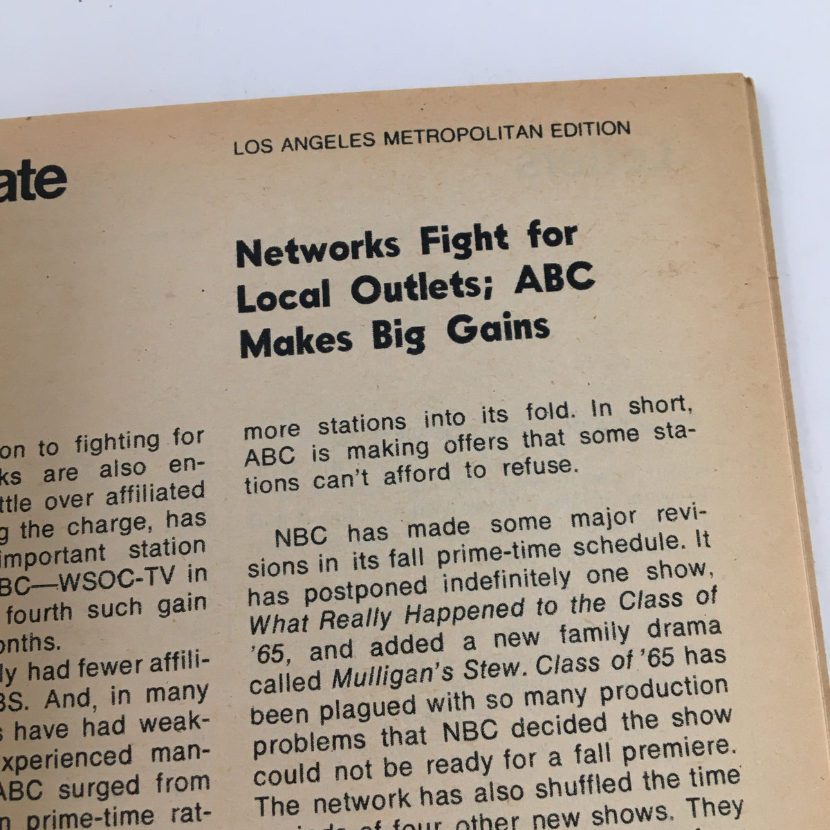 Back page of the Los Angeles edition of TV Guide Magazine August 6 1977, discussing networks fighting for local outlets and ABC's significant gains.