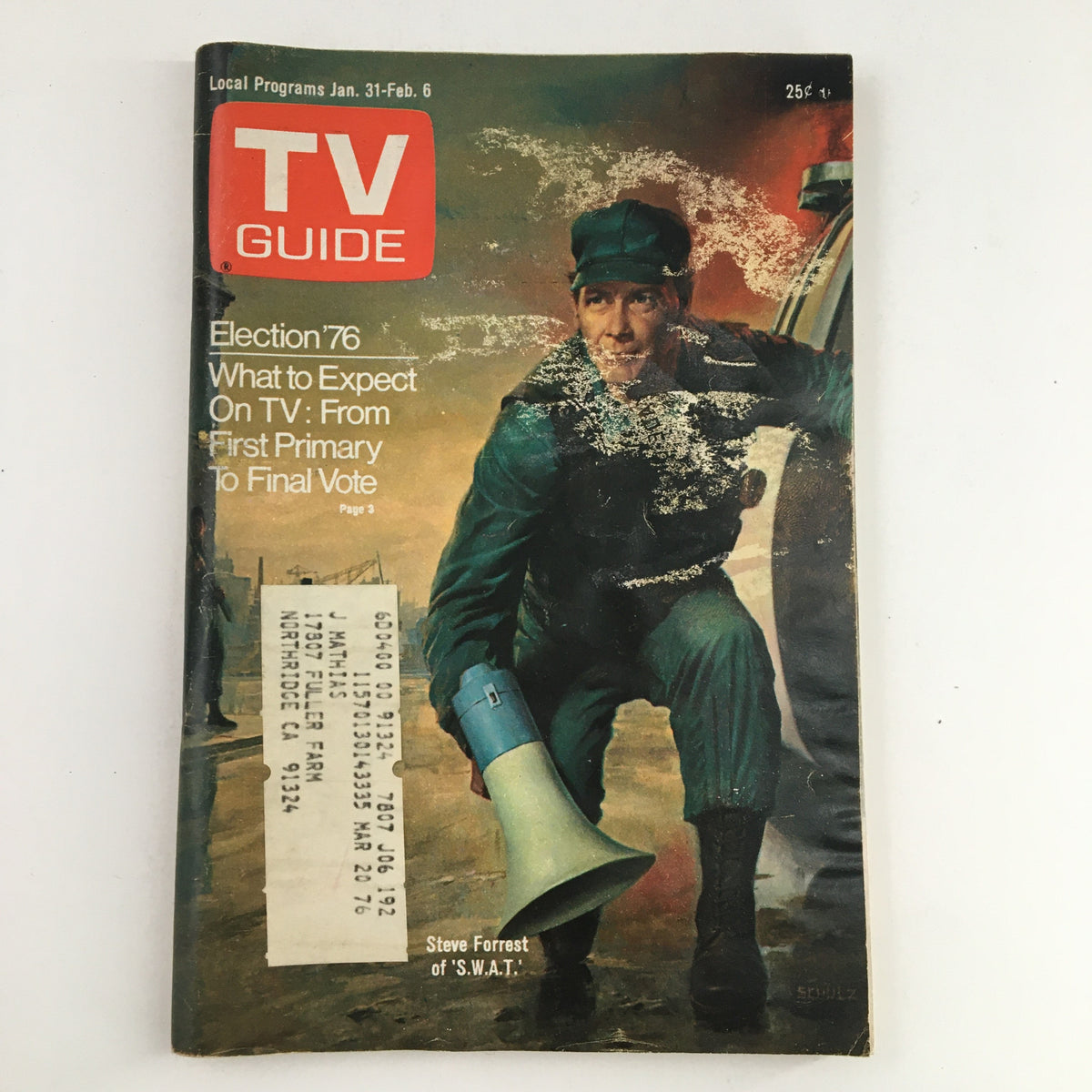 TV Guide Magazine January 31 1976 featuring Steve Forrest from SWAT on the cover, showcasing a vintage design with an election theme.