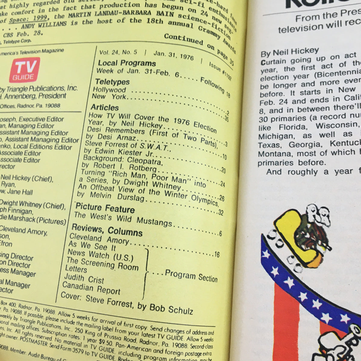 Table of contents from TV Guide Magazine January 31 1976 featuring Steve Forrest of SWAT and articles on popular television programs, showcasing a glimpse of 1970s TV history.