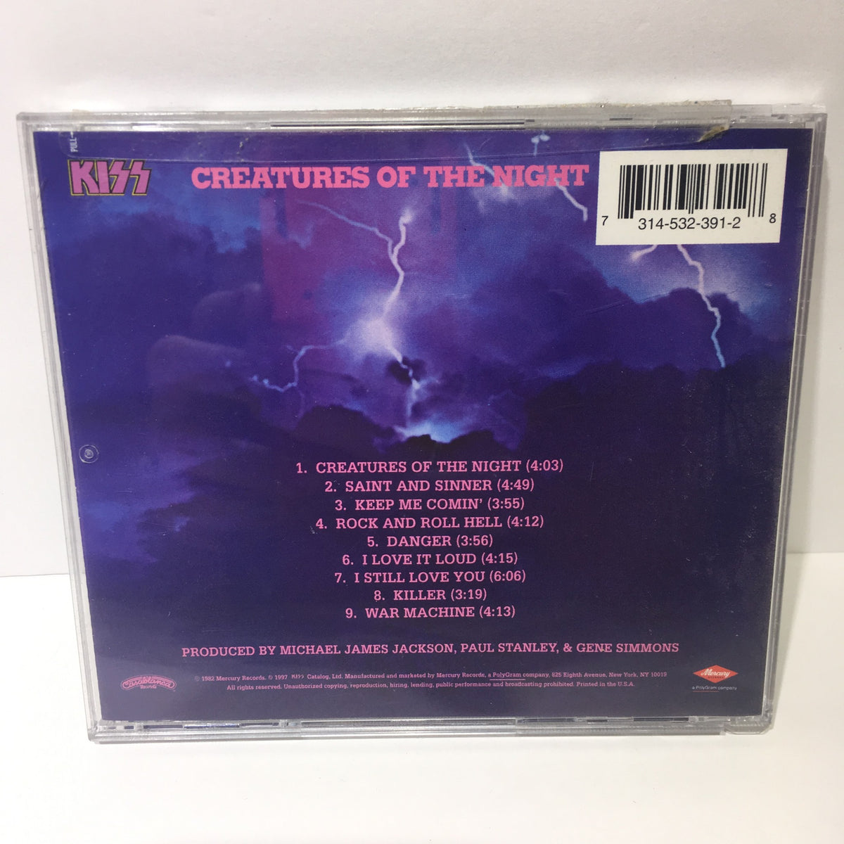 Back cover of Kiss: Creatures Of The Night (Remastered) Audio CD listing the track titles and production details.