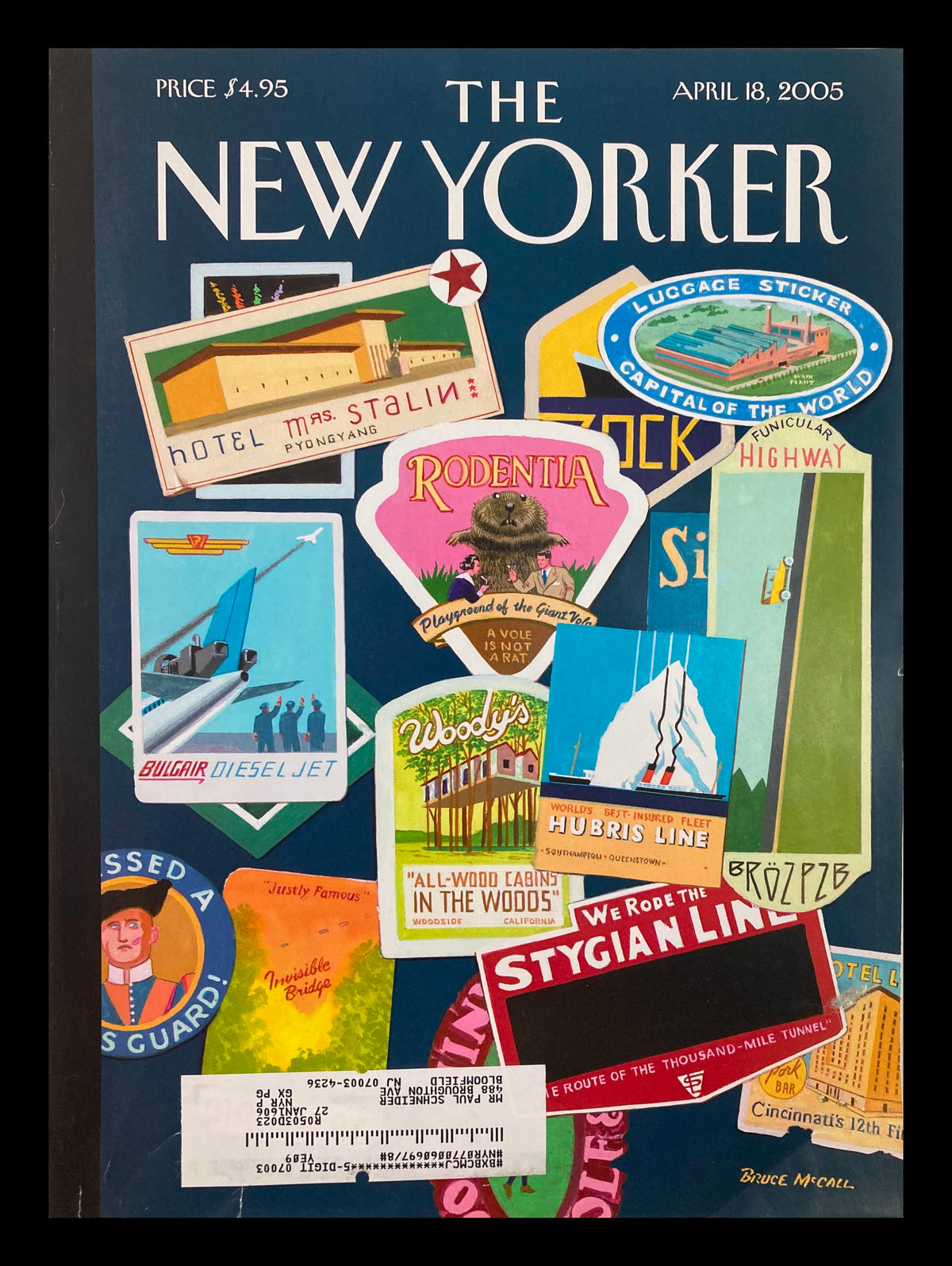 COVER ONLY The New Yorker April 18 2005 The Joys of Travel by Bruce McCall featuring vibrant travel-themed illustrations and retro luggage stickers.