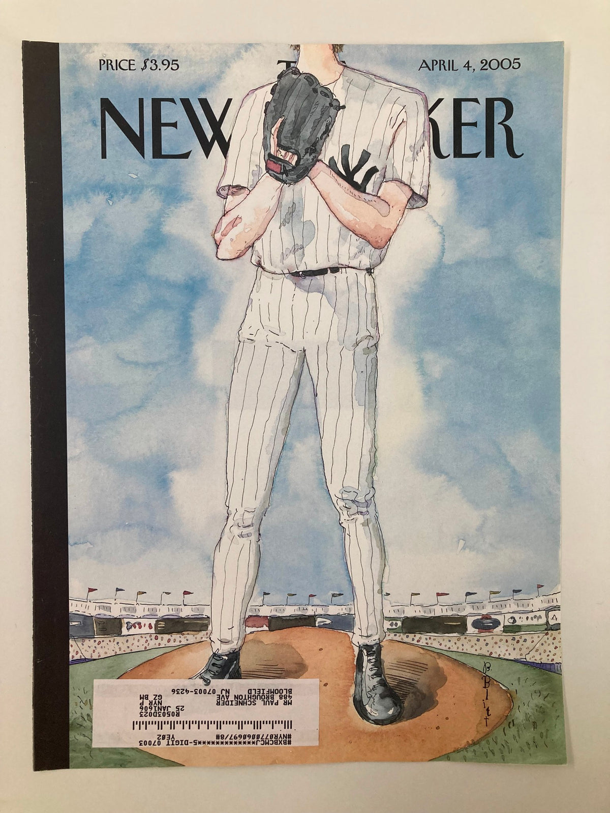 Cover of The New Yorker April 4, 2005, titled 'Over The Top' by Barry Blitt, showcasing a baseball player in pinstriped uniform on a mound, with a colorful sky and stadium scene.