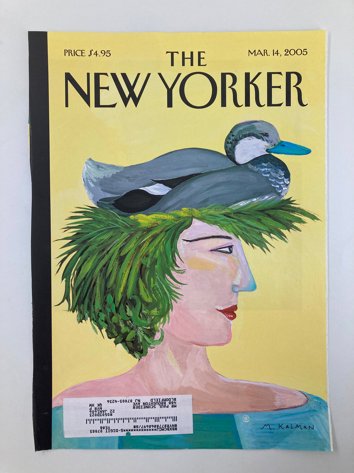 COVER ONLY The New Yorker March 14 2005 highlighting Maira Kalman's playful artwork of a woman with a duck atop her head, representing the unique charm of contemporary magazine covers.