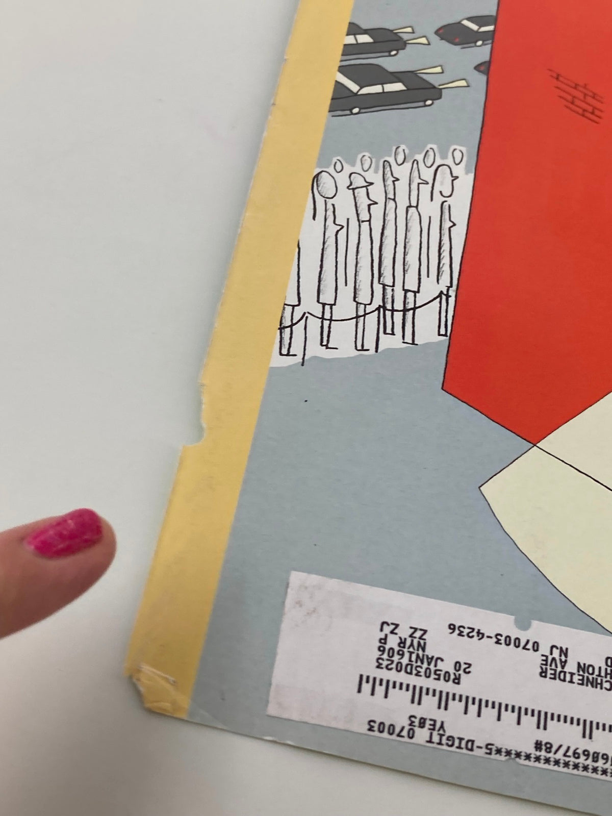Close-up of the edge of the COVER ONLY of The New Yorker from February 28, 2005, highlighting minor wear and label details on the cover featuring 'Backstage at Oscars' by Philippe Roul.