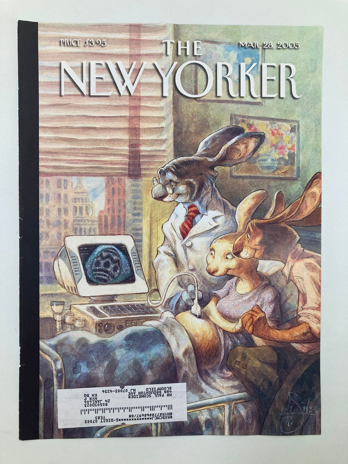 COVER ONLY The New Yorker March 28 2005 Trust Fund Truths by Peter de Seve, showcasing a whimsical scene with rabbits, an office environment, and a vintage computer, reflecting early 2000s editorial art.