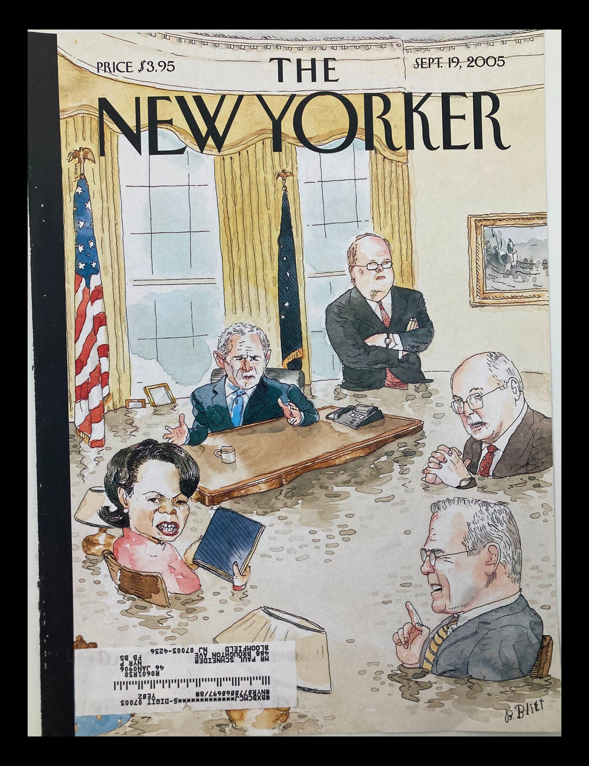 Cover of The New Yorker dated September 19, 2005, featuring political satire illustration by Barry Blitt, depicting key political figures including Condoleezza Rice, with a backdrop of the U.S. flag.