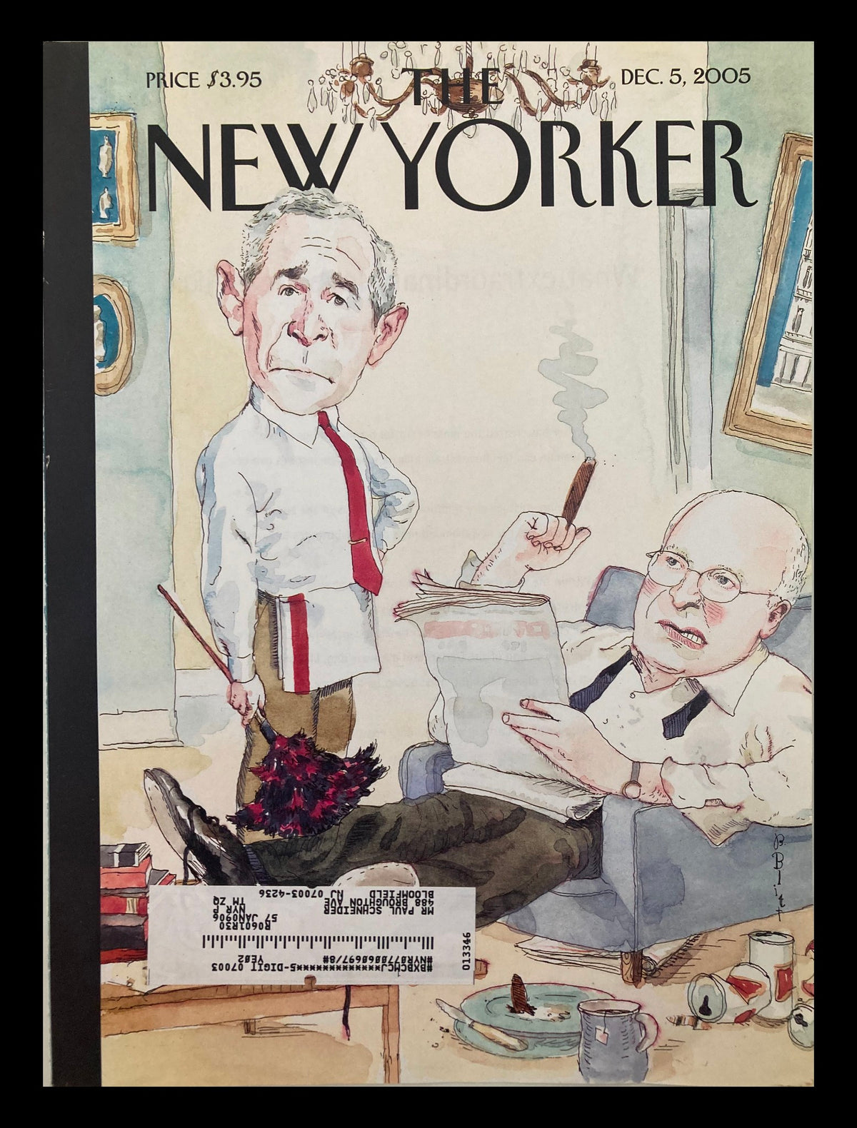 Cover of The New Yorker dated December 5, 2005, illustrated by Barry Blitt, featuring caricatures of George Bush and Dick Cheney in a humorous political satire.