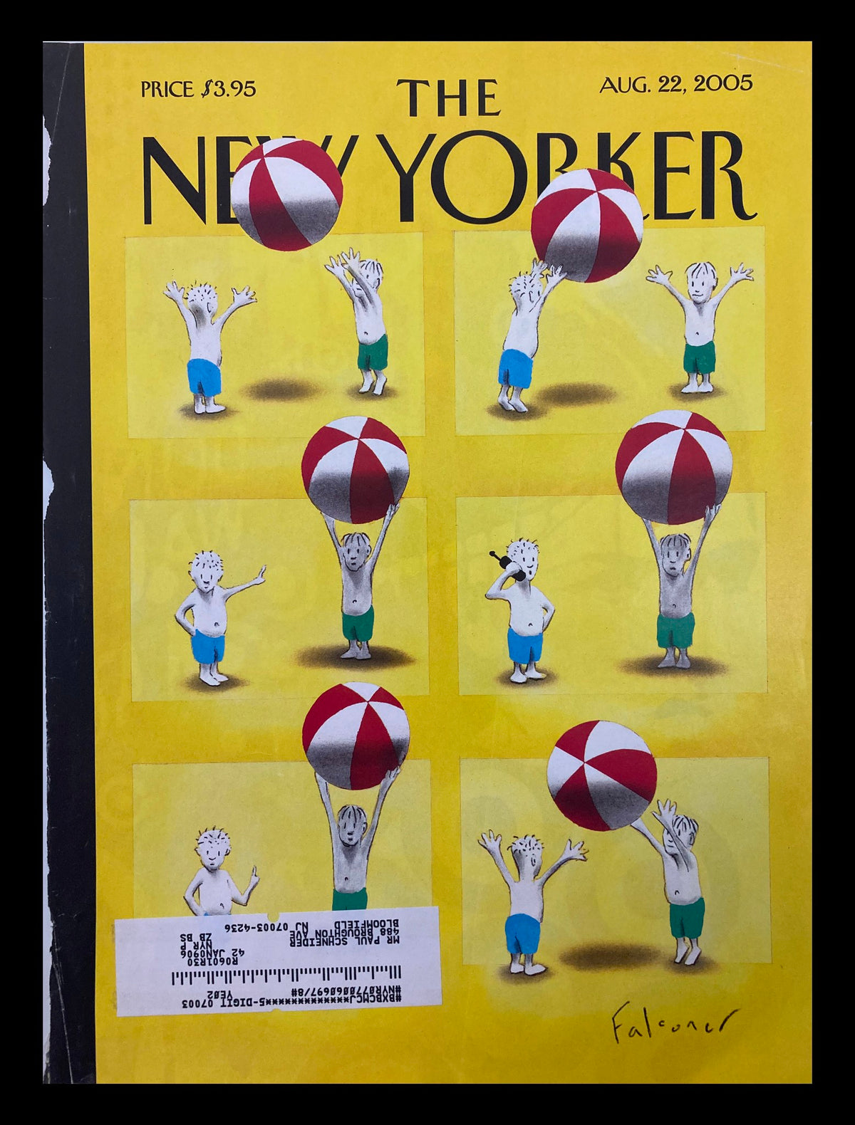 Cover of The New Yorker dated August 22, 2005, featuring a whimsical illustration by Ian Falconer showcasing children playing with beach balls.