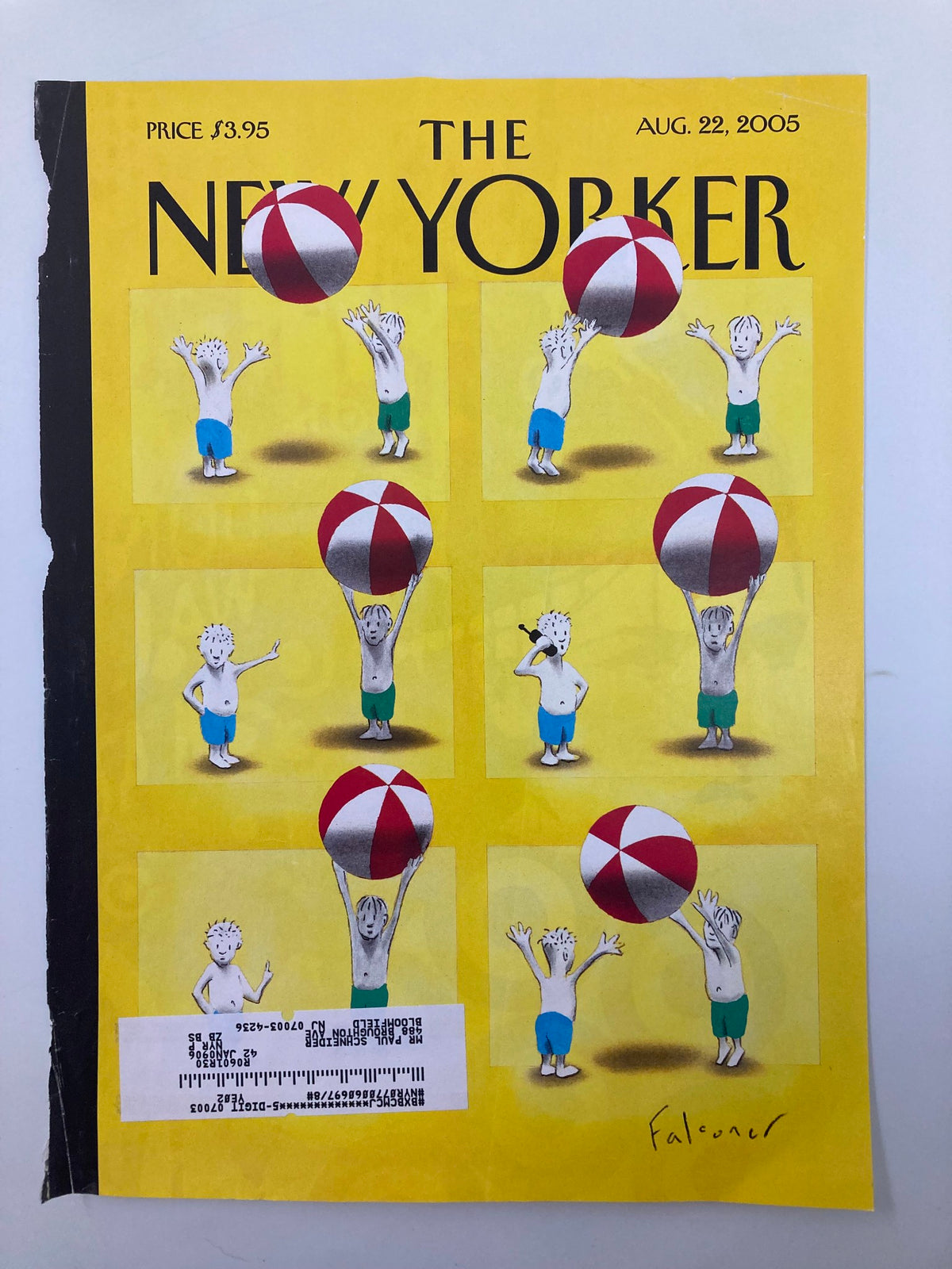 Cover of The New Yorker dated August 22, 2005, illustrated by Ian Falconer, depicting playful children with beach balls in a vibrant yellow background.