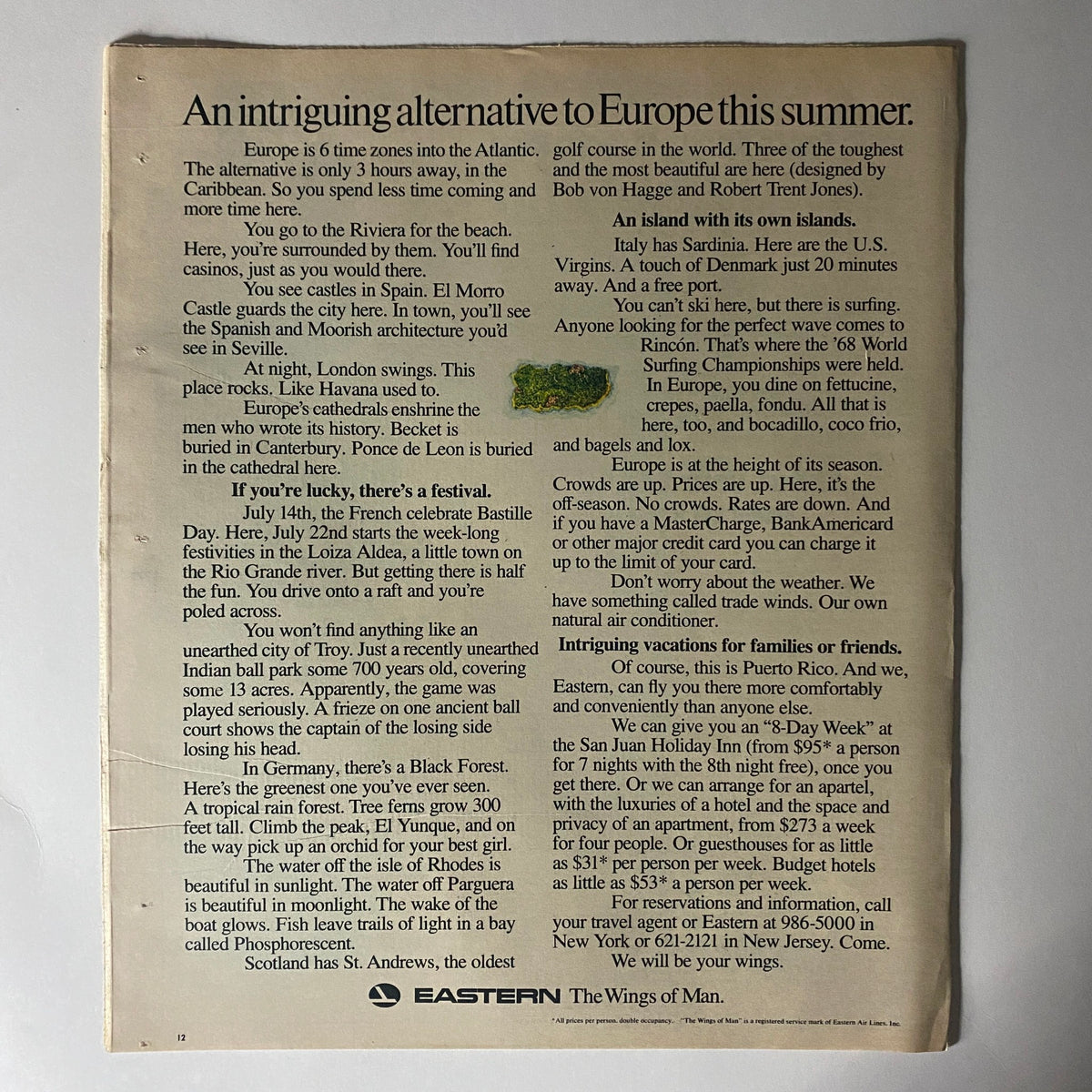 The New York Times Magazine May 16 1971 interior page showcasing an advertisement for vacation alternatives in Europe and highlighting Puerto Rico as a travel destination.