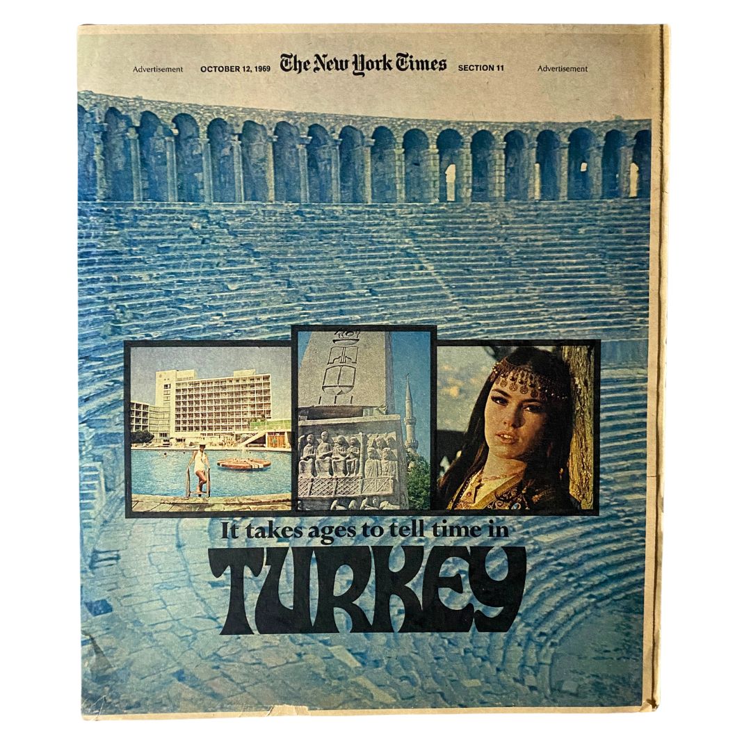 Cover of The New York Times Magazine, October 12, 1969, featuring the article 'To Tell Time in Turkey,' showcasing images of Turkey's culture and landmarks.