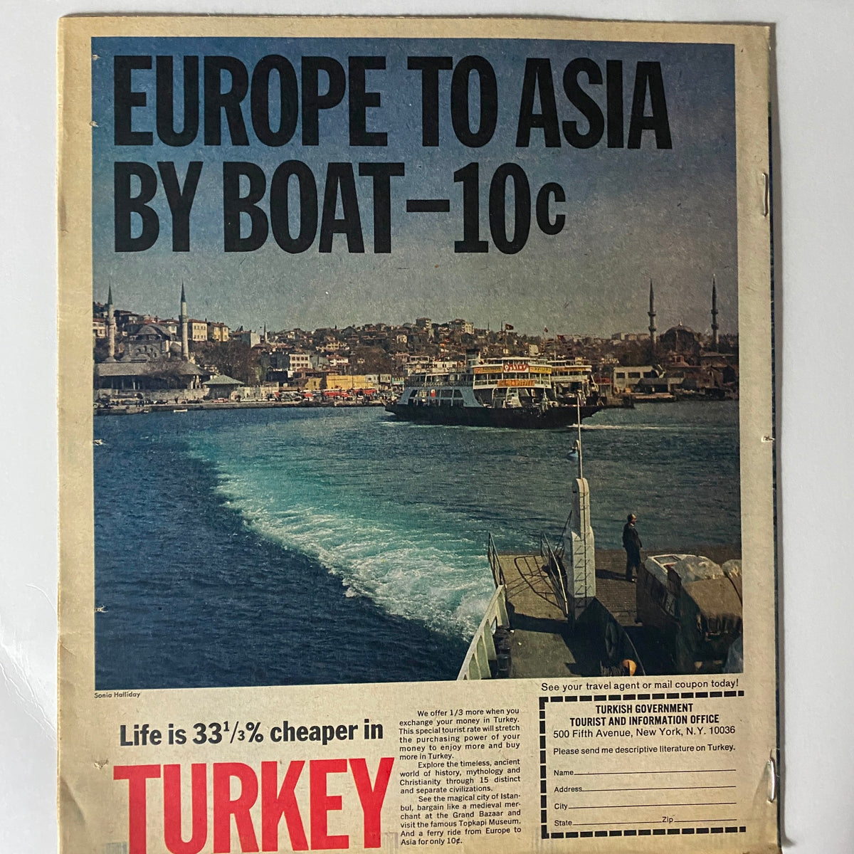 Advertisement from The New York Times Magazine, October 12, 1969, promoting travel from Europe to Asia by boat in Turkey with scenic imagery of Istanbul.