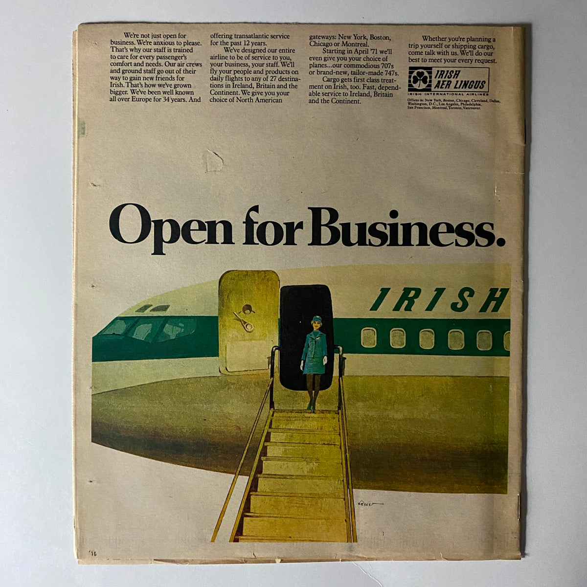 Back cover advertisement of The New York Times Magazine November 15, 1970, showcasing an Irish airline with the phrase 'Open for Business'.