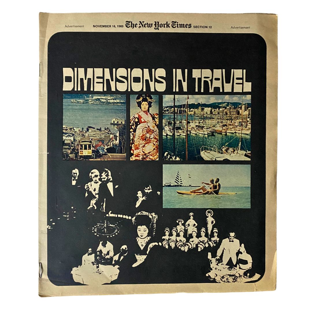 Cover of The New York Times Magazine November 16, 1969, featuring the theme 'Dimensions in Travel', showcasing vibrant images depicting various travel scenes.