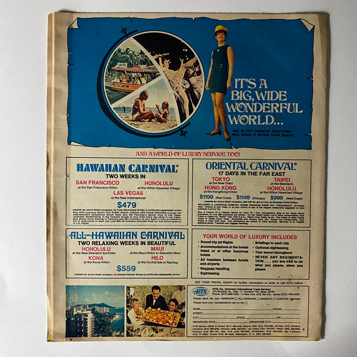 Back cover of The New York Times Magazine November 16, 1969, promoting luxurious travel packages, highlighted by a colorful advertisement and visuals.