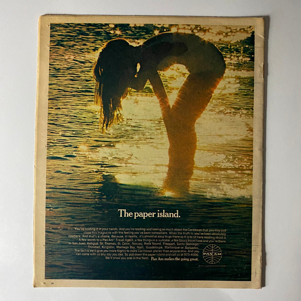 Back cover of The New York Times Magazine October 19 1969 with an artistic image of a woman in water, promoting travel to the Caribbean with Pan American Airways.