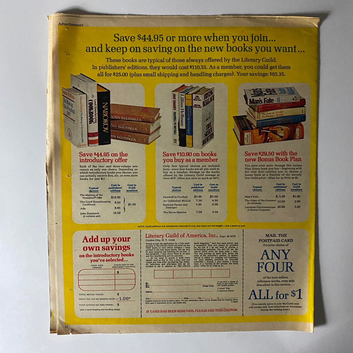 The New York Times Magazine October 5, 1969 highlighting a Literary Guild advertisement with book savings offers, showcasing titles by John Steinbeck and other authors.