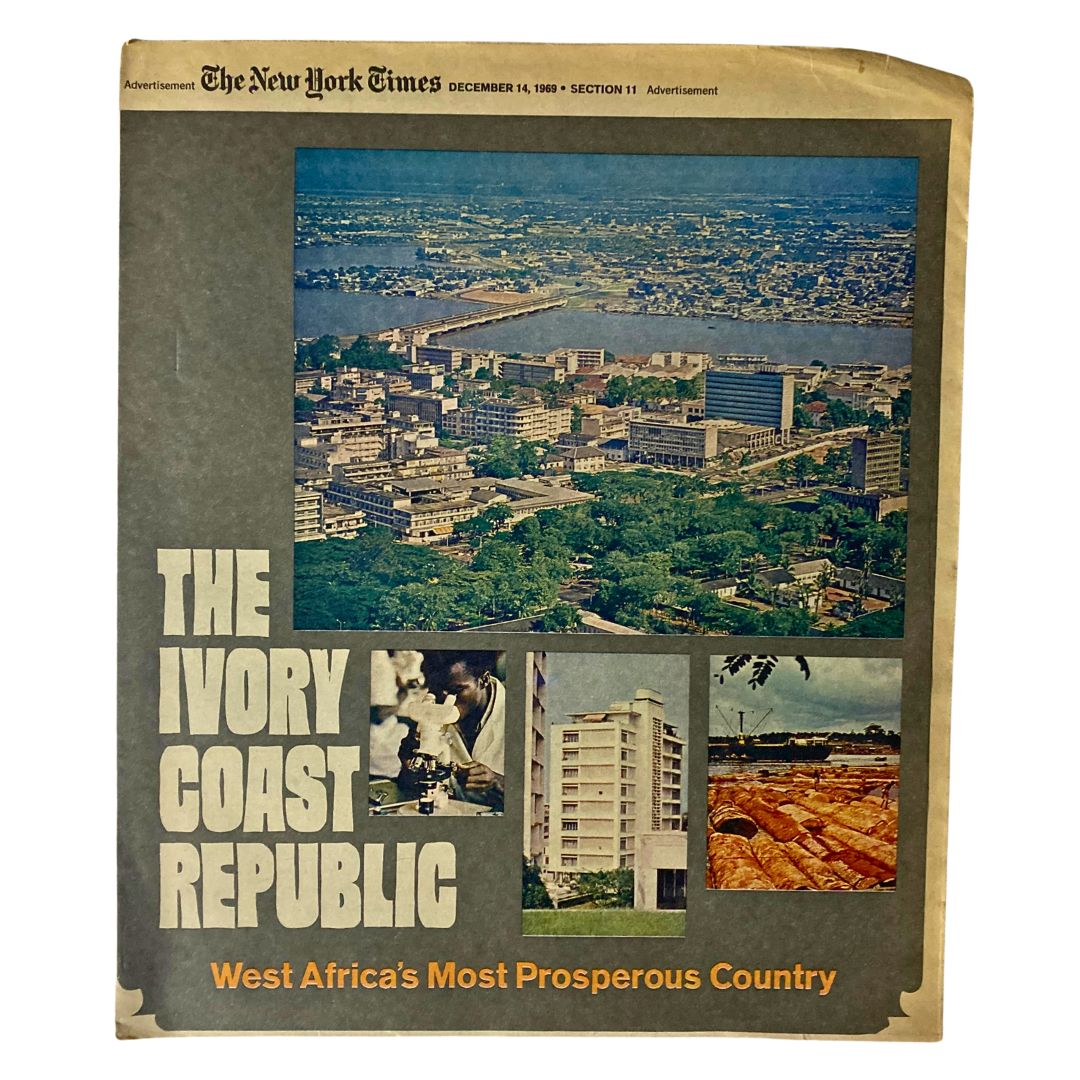 Cover of VTG The New York Times Magazine December 14 1969 featuring a picturesque view of the Ivory Coast Republic, showcasing urban landscapes and cultural highlights.