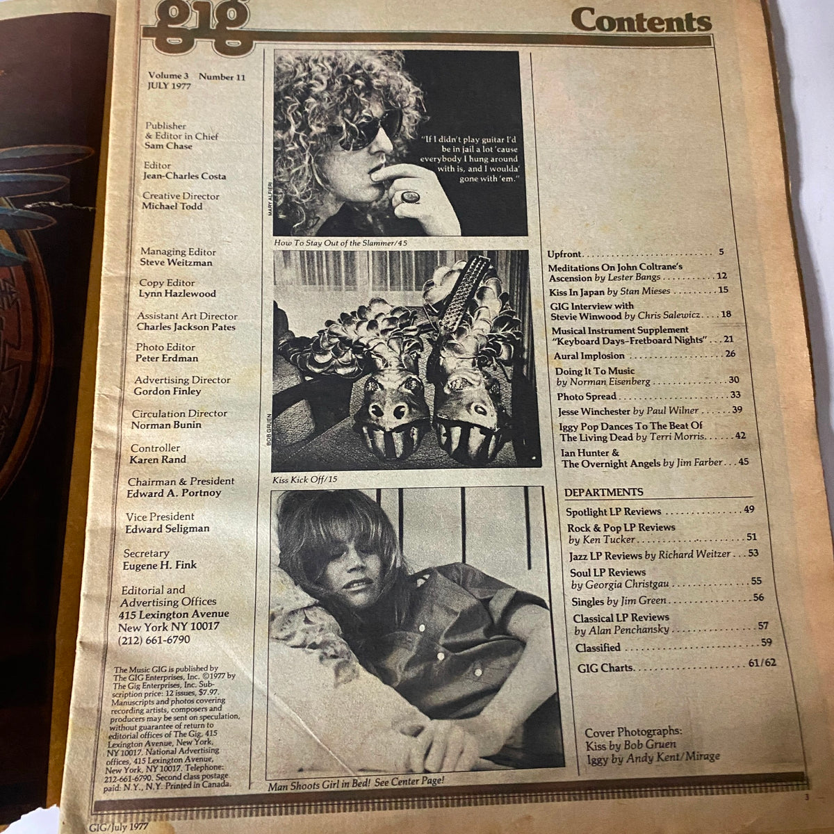 VTG Gig The Music Magazine July 1977 featuring the contents page with a photo of guitarist wearing sunglasses and band content highlights.