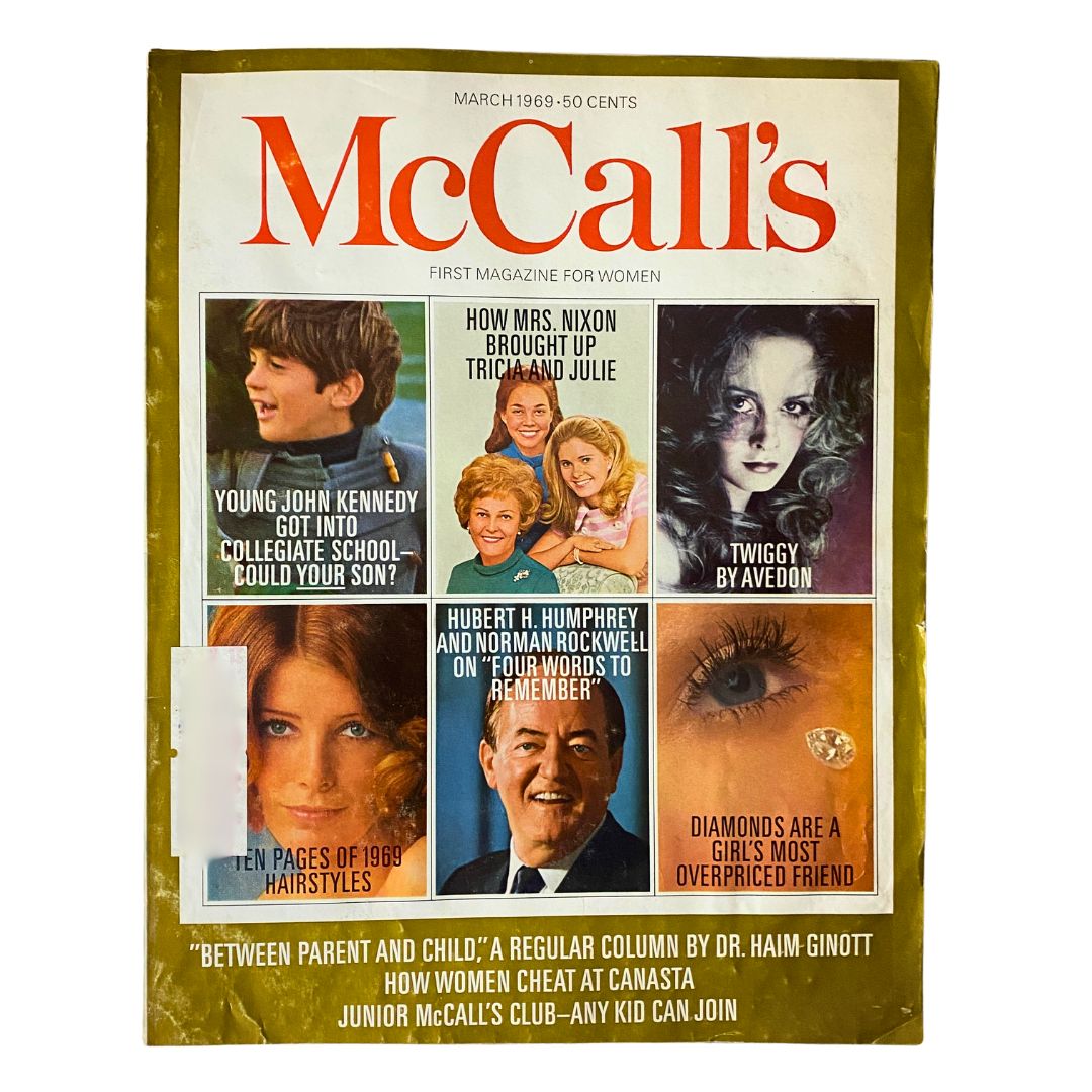 VTG McCall's Magazine March 1969 cover featuring Young John Kennedy, Twiggy, and Hubert H. Humphrey, showcasing iconic personalities and themes of the 1960s.