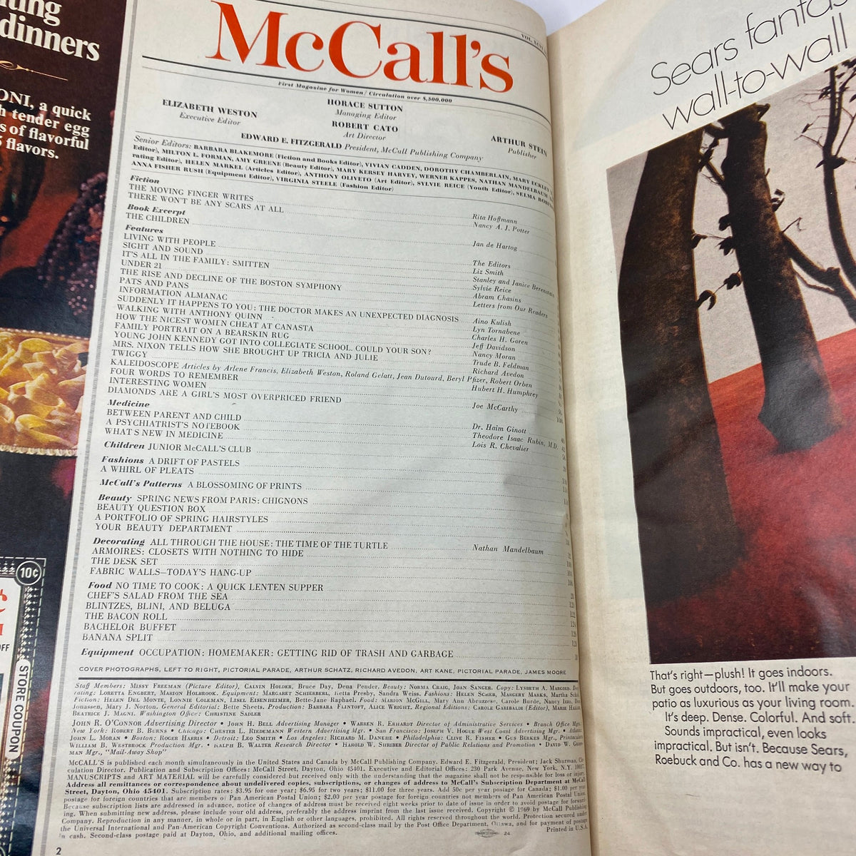 Inside page of VTG McCall's Magazine March 1969, displaying the table of contents with various articles and features relevant to the era, including fashion and social topics.