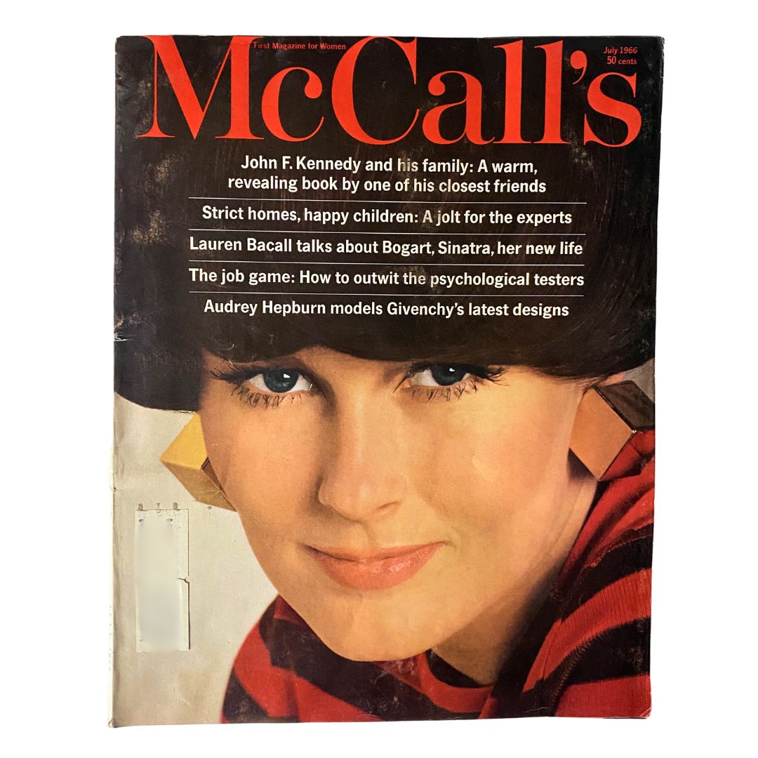 VTG McCall's Magazine July 1966 cover featuring Maria Gudy's illustration, showcasing articles about John F. Kennedy, fashion, and lifestyle tips.