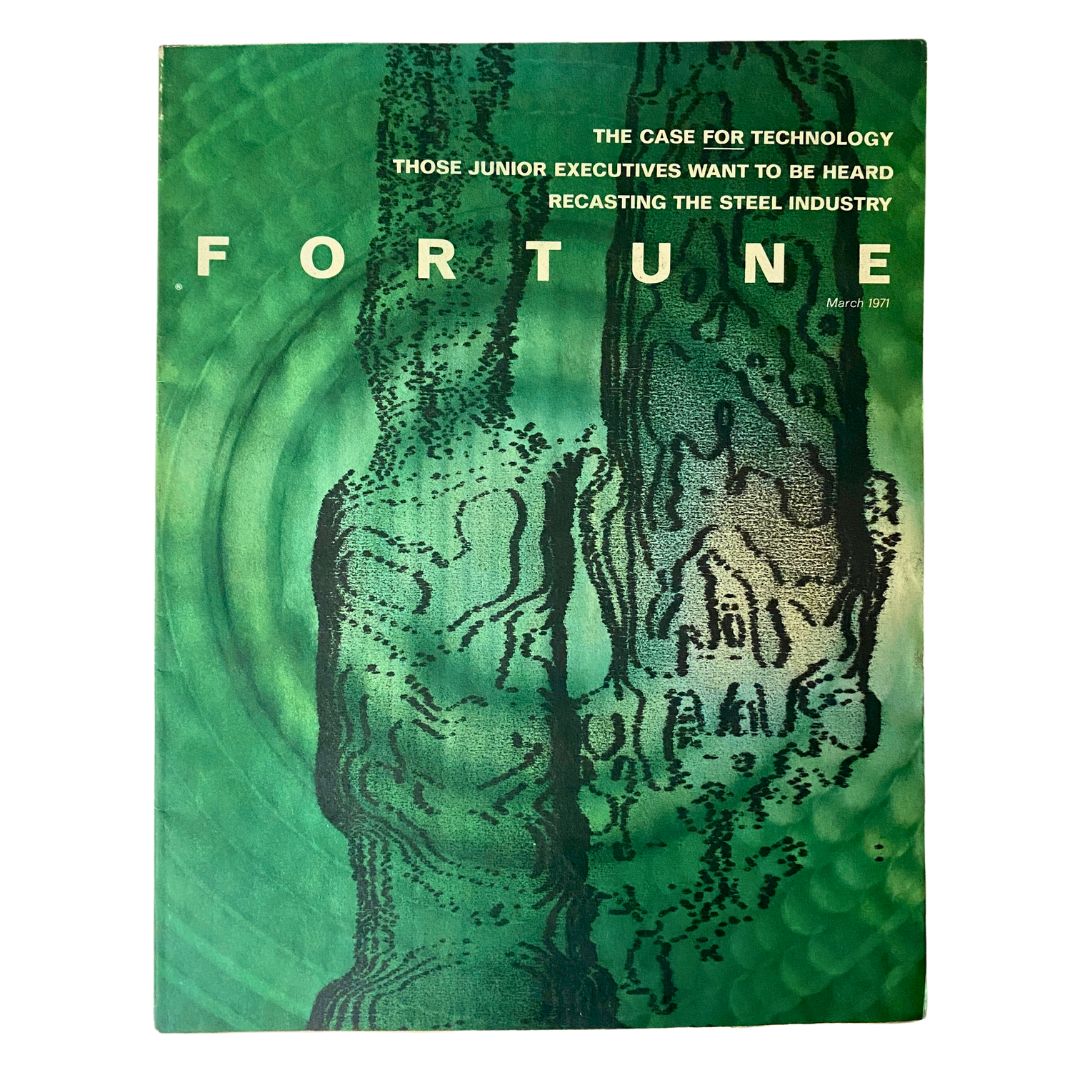 Cover of VTG Fortune Magazine March 1971 featuring the title "Recasting The Steel Industry," showcasing a green abstract design.