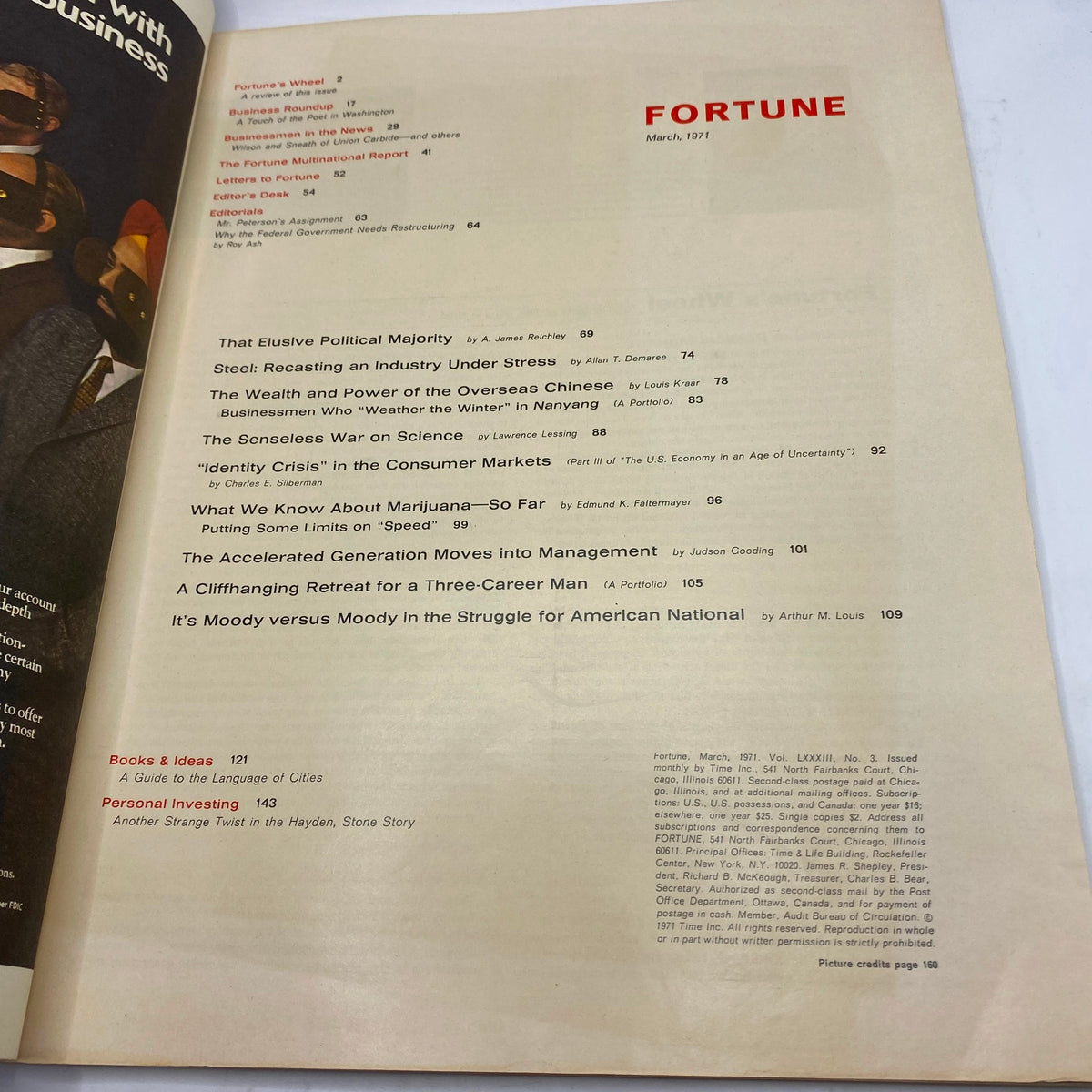 Table of contents page from VTG Fortune Magazine March 1971, listing articles including "Steel: Recasting an Industry Under Stress" and other insightful features.
