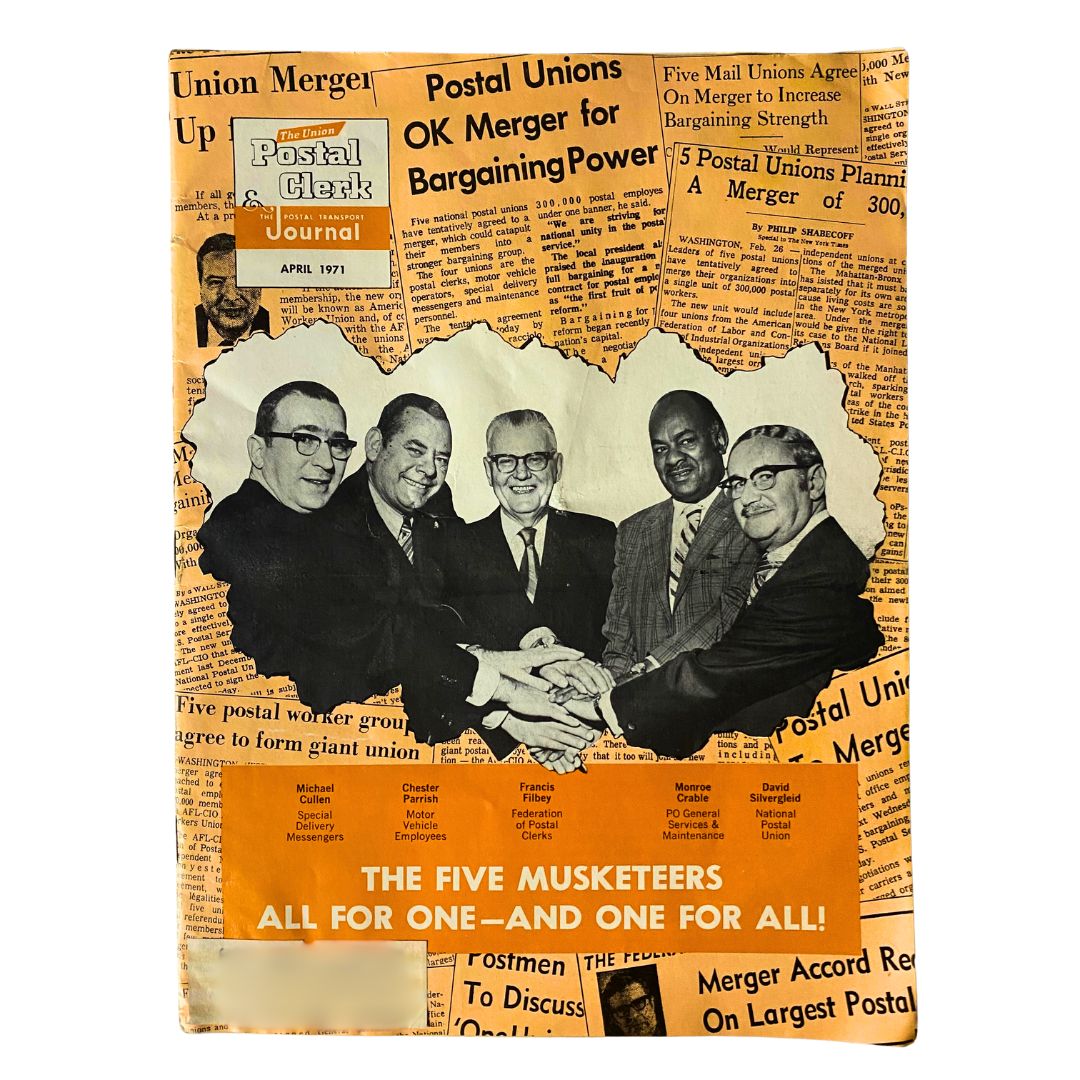 VTG The Union Postal Clerk Journal April 1971 cover featuring postal union leaders, showcasing articles about the merger for bargaining power in the postal service.
