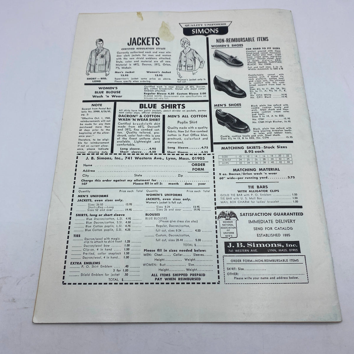Back cover of the October 1967 The Union Postal Clerk Journal displaying advertisements for jackets and shirts from J.B. Simons, emphasizing the vintage nature of the publication.