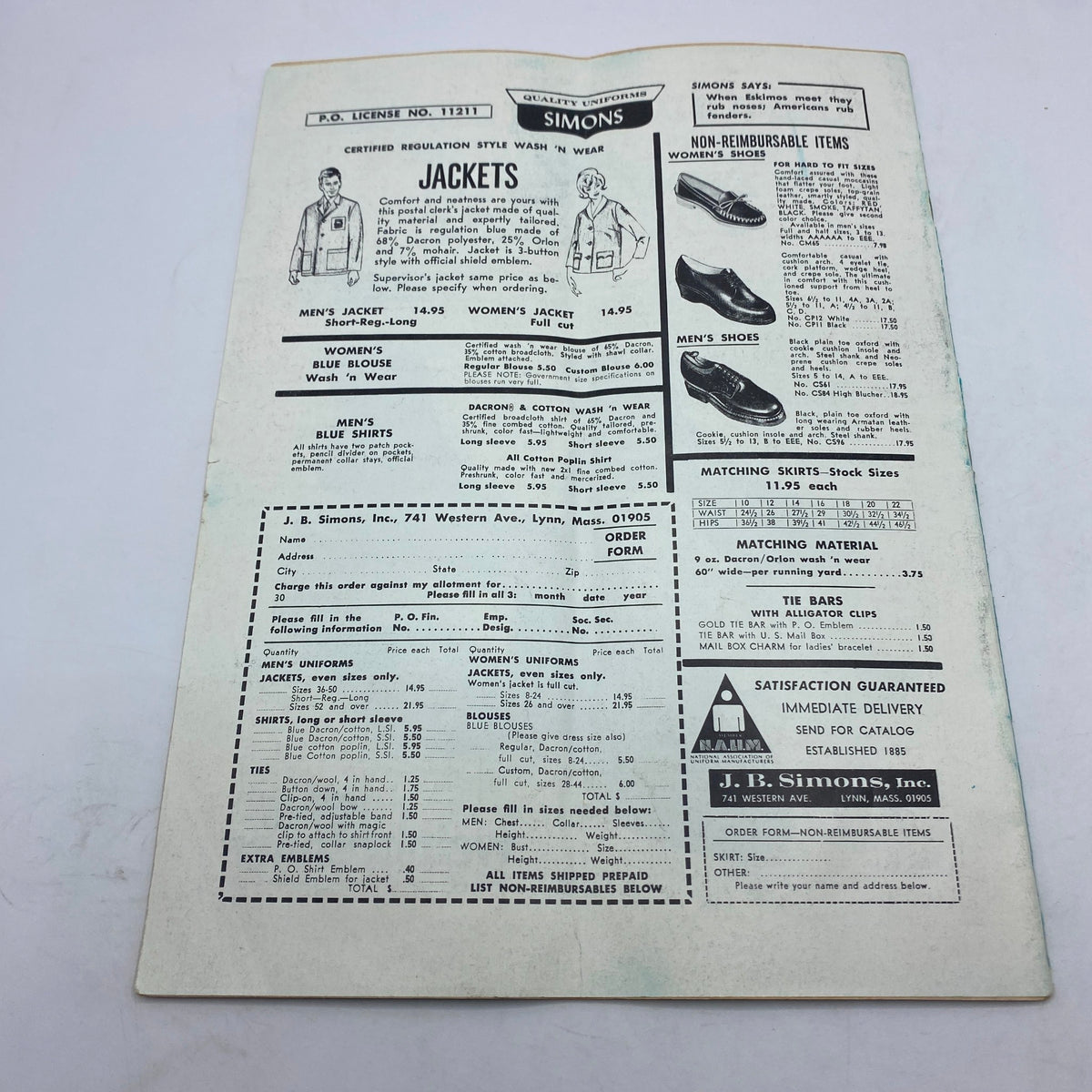 Vintage advertisement page from VTG The Union Postal Clerk Journal March 1970 featuring uniform jackets, shirts, shoes, and ordering information from J.B. Simons, Inc.