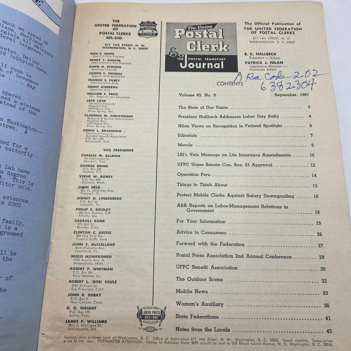 Contents page of the Union Postal Clerk Journal, September 1967, listing various articles and topics related to the postal service.