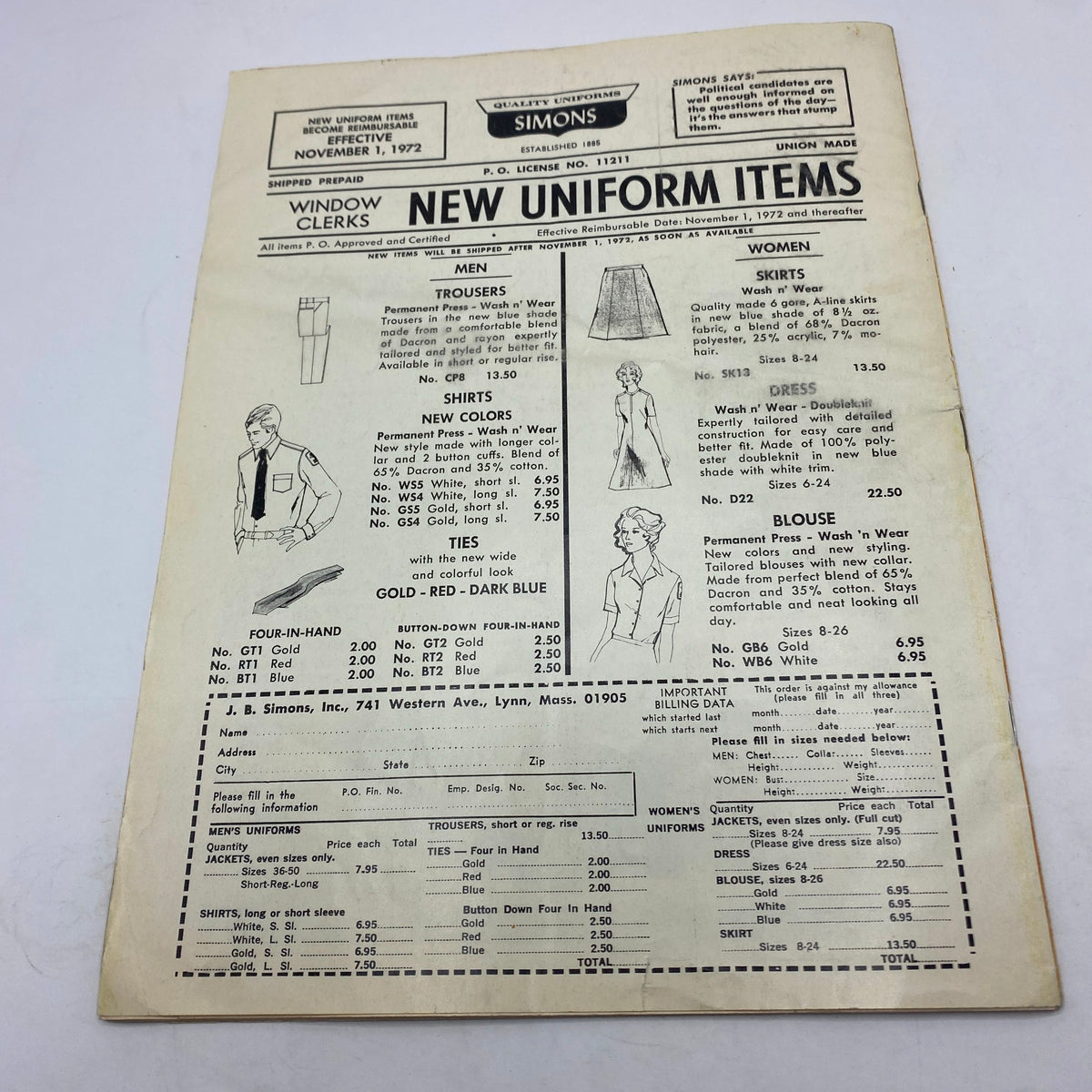 Advertisement for new uniform items from the November 1972 issue of VTG The American Postal Worker Magazine, detailing clothing available for postal workers, including trousers, shirts, and skirts.
