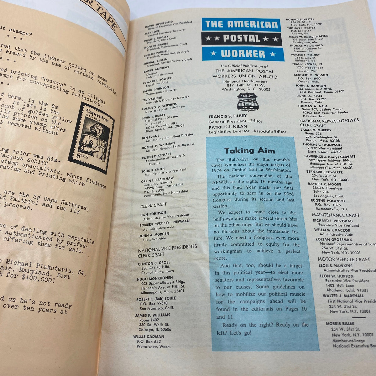 Interior page of VTG The American Postal Worker Magazine January 1974 showing member details and the 'Taking Aim' article.