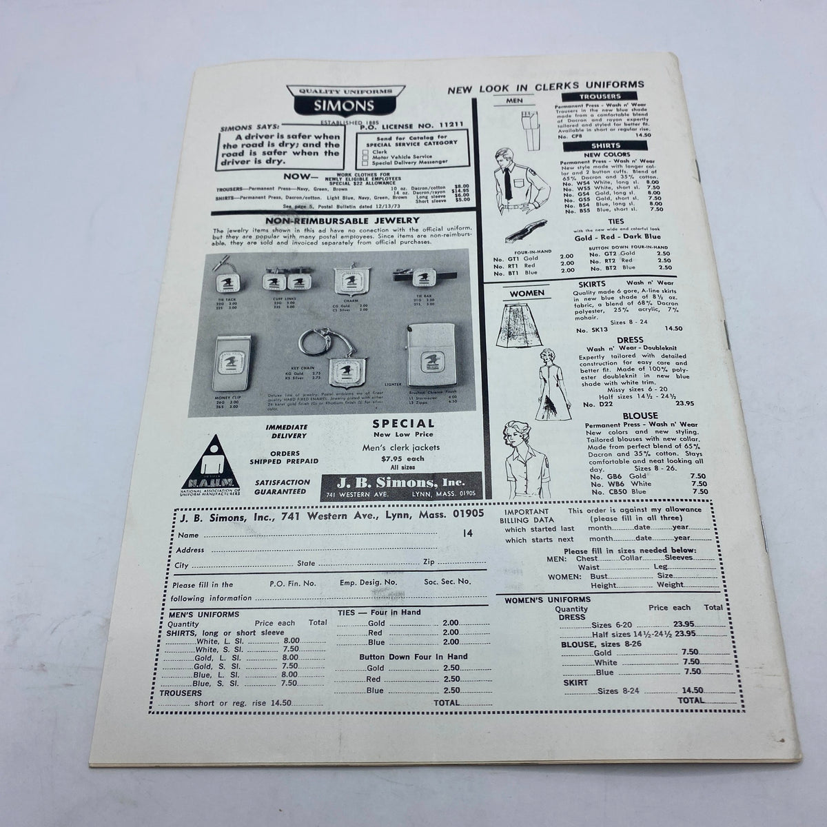 Advertisement page from VTG The American Postal Worker Magazine January 1974 for J.B. Simons, featuring clothing available for postal workers.