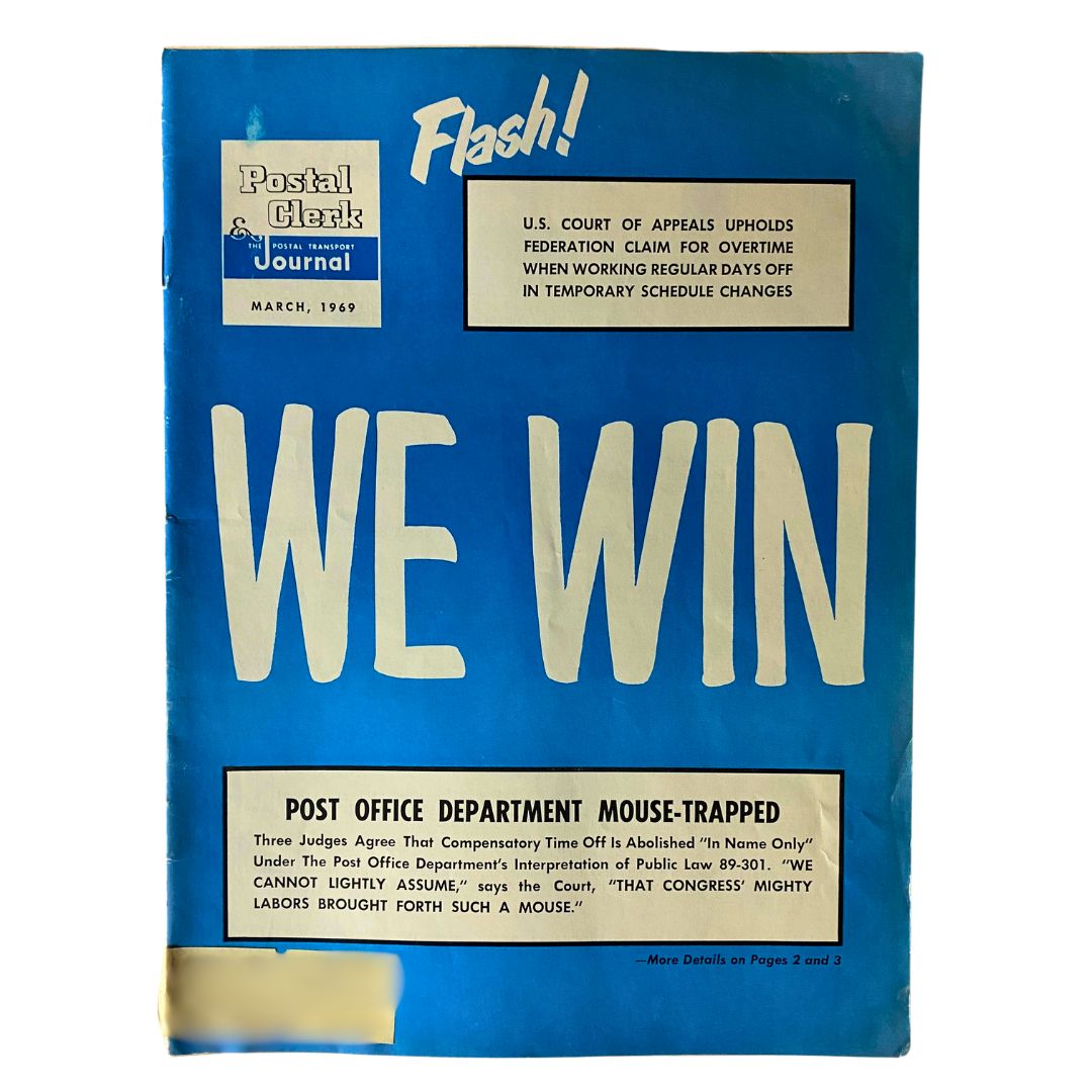 Cover of VTG The Union Postal Clerk Journal March 1969 featuring the title 'WE WIN' and a blue background, highlighting postal history.