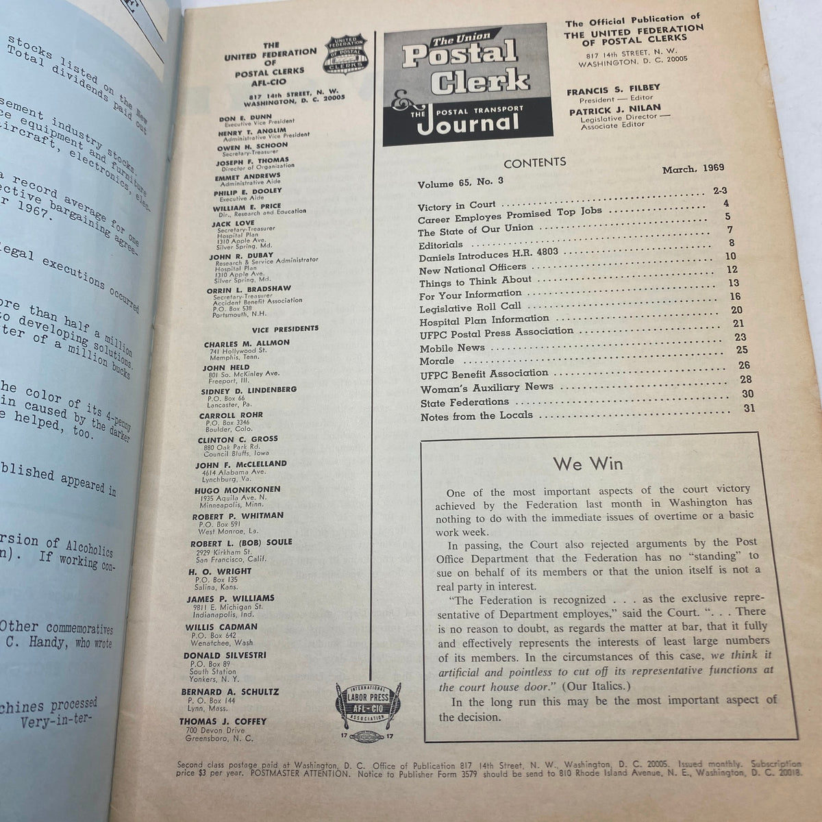 Interior page of VTG The Union Postal Clerk Journal March 1969 showcasing the contents section, reflecting the publication's structure and themes related to postal work.