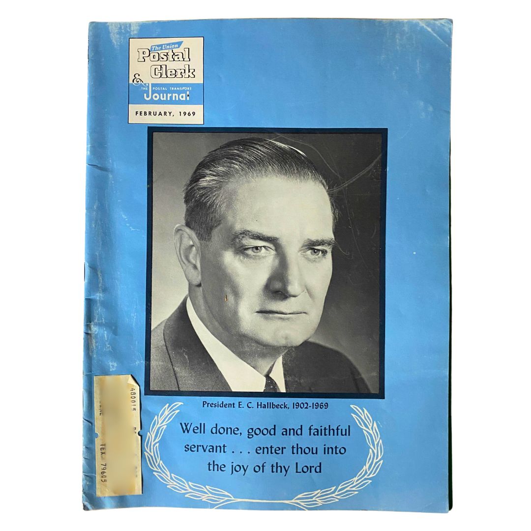 Cover of VTG The Union Postal Clerk Journal February 1969 featuring President E. C. Hallbeck, with a portrait photograph and text that reads 'Well done, good and faithful servant . . . enter thou into the joy of thy Lord'.