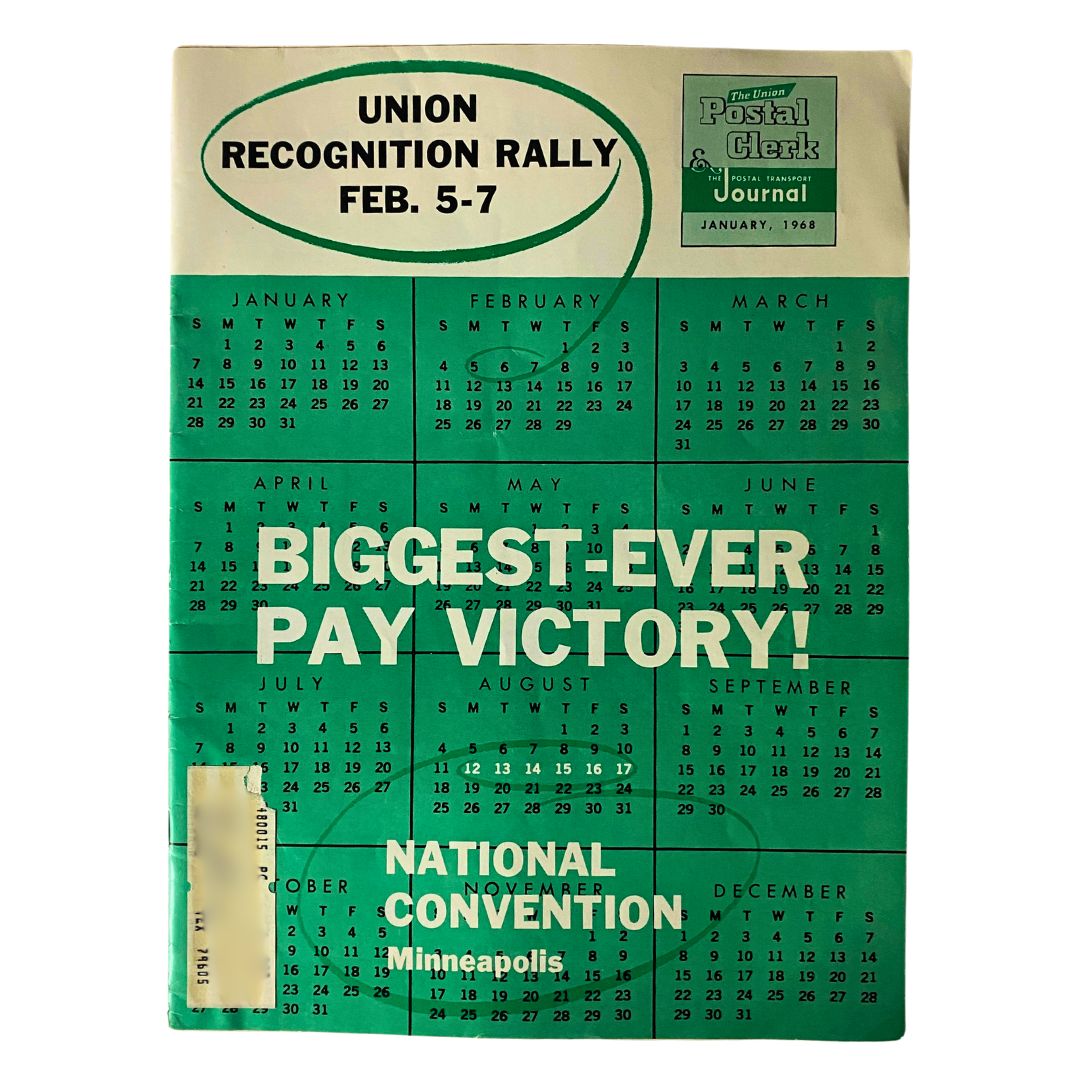 Cover of VTG The Union Postal Clerk Journal from January 1968 featuring the headline 'Biggest-Ever Pay Victory' and a calendar of events highlighted.