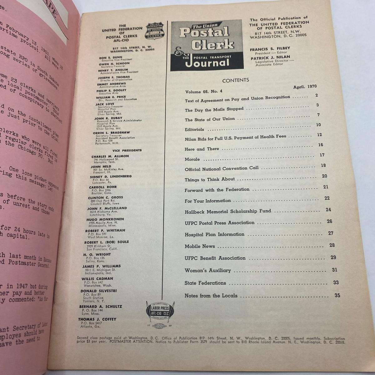 Contents page of the VTG The Union Postal Clerk Journal April 1970, featuring articles on agreements, health benefits, and the U.S. Postal Service.