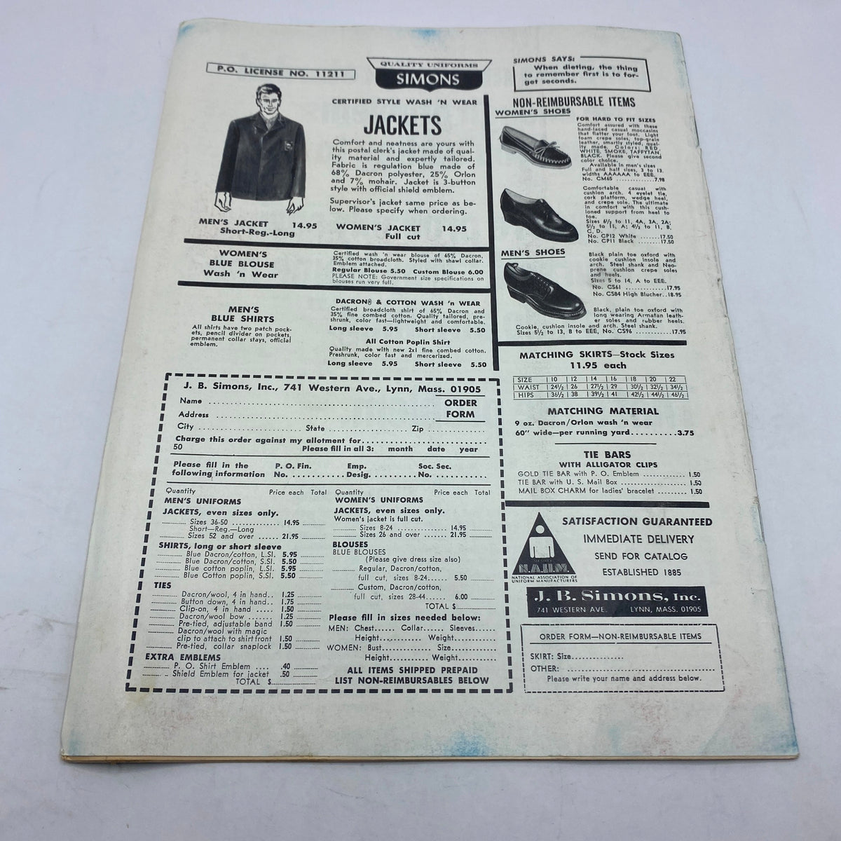 Back cover of VTG The Union Postal Clerk Journal May 1970 Vol 66 No. 5 A Quick Harvest displaying advertisements for jackets and shoes from J.K. Simons, emphasizing postal worker attire.