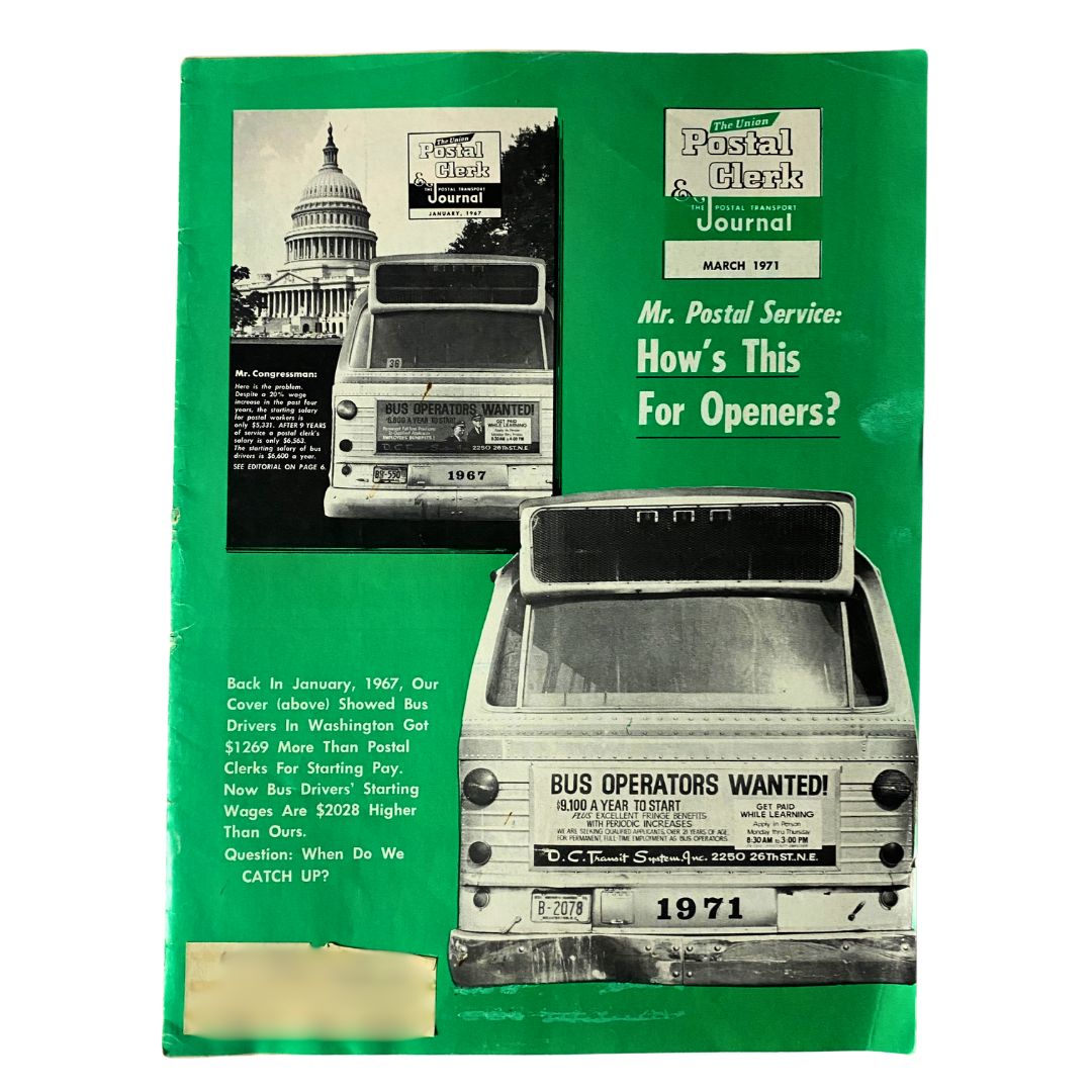 Cover of VTG The Union Postal Clerk Journal from March 1971 featuring a vintage bus and the U.S. Capitol; focuses on bus drivers in Washington.