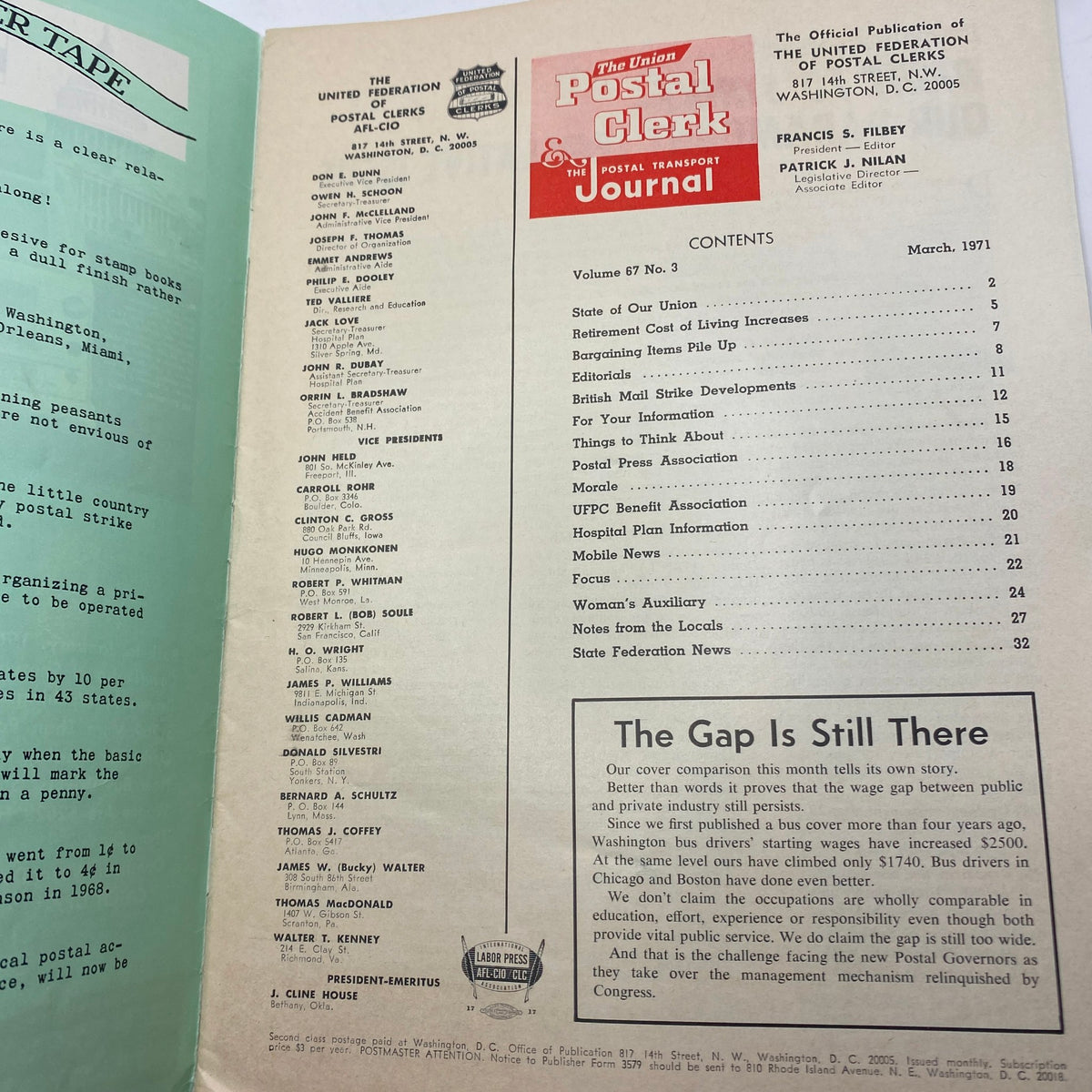 Contents page of VTG The Union Postal Clerk Journal March 1971, detailing articles and topics related to the postal service and union activities.