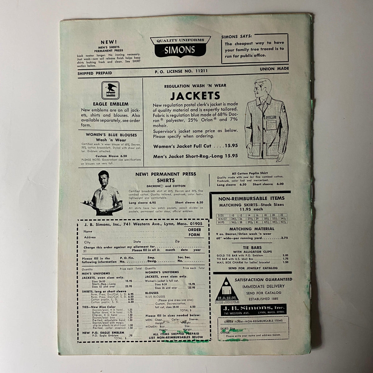 VTG The Union Postal Clerk Journal March 1971 featuring a vintage advertisement for Simons jackets and shirts, showcasing apparel options and pricing.