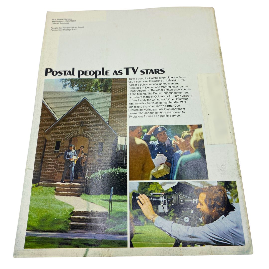 Cover of the VTG Postal Life Magazine from November 1973 titled 'Toward Quieter LSM's', featuring an article about postal workers in television and images displaying postal scenes and a cameraman.