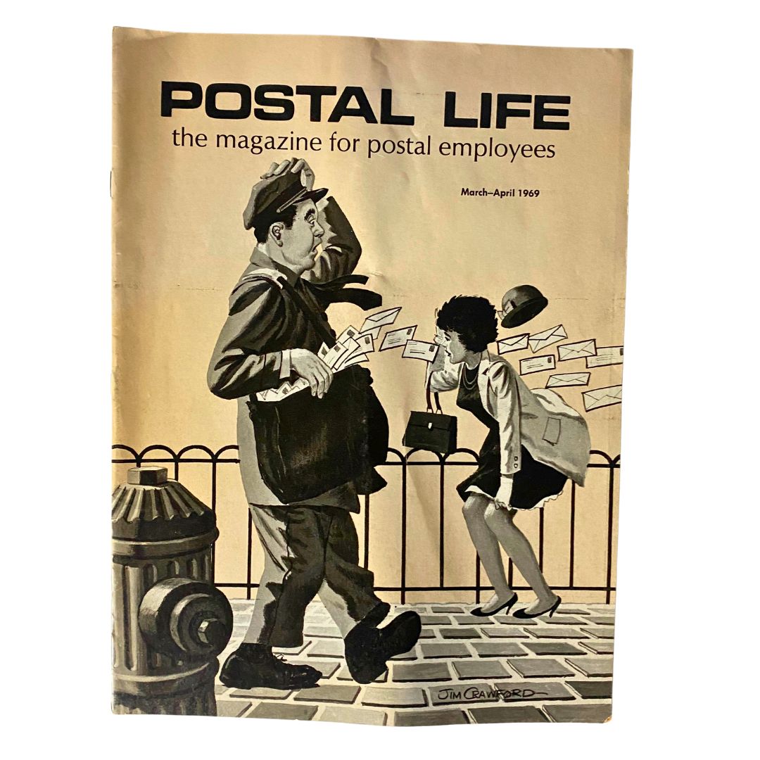 VTG Postal Life Magazine March - April 1969 cover featuring an illustration of a postal worker and a recipient interacting, showcasing postal themes.