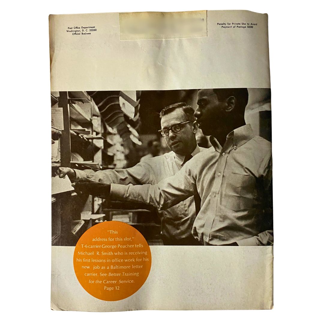 Back cover of VTG Postal Life Magazine March - April 1969, displaying a photograph of postal employees engaged in work at a mail sorting station.