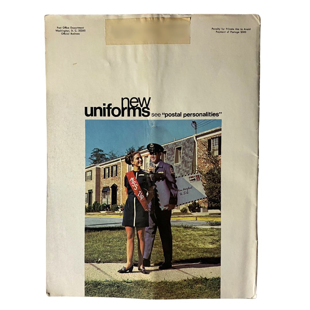 Back cover of VTG Postal Life Magazine November - December 1970 showcasing new postal uniforms. The image features a postal worker and a woman participating in a promotional event, illustrating the theme of 'postal personalities'.